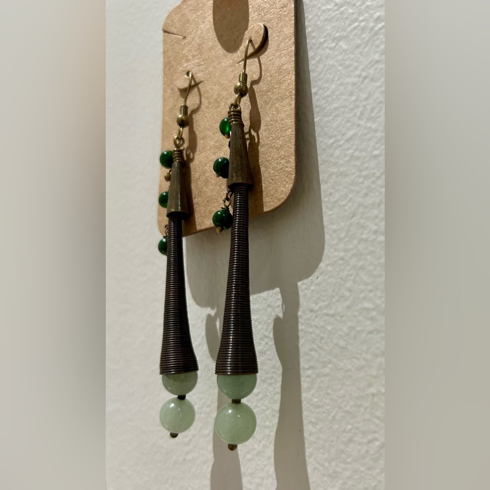 Handmade Wire Wrapped Green Gemstone Dangle Earrings Long Sculptural Design